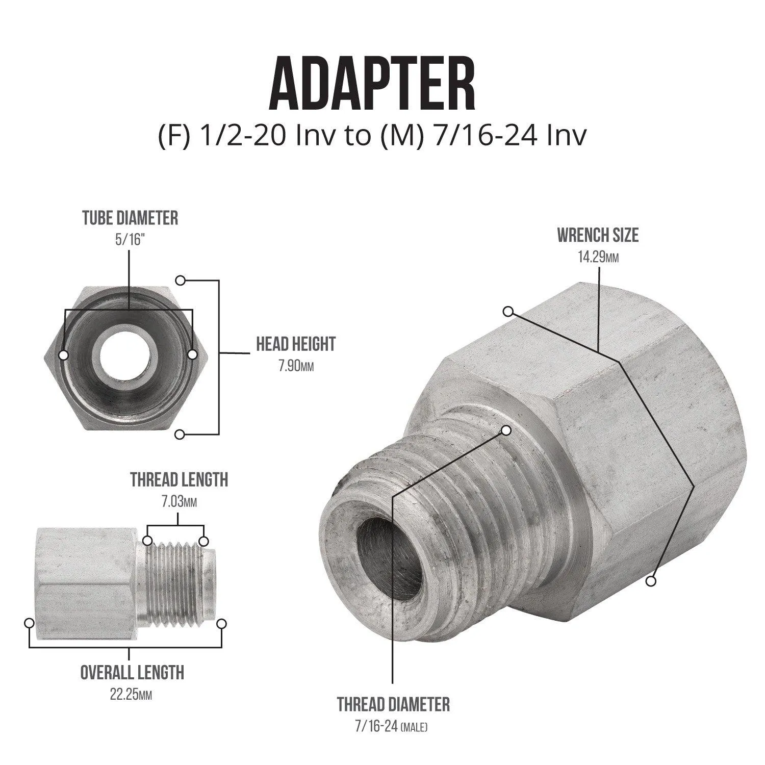 (1/2-20 Inverted)F to (7/16-24 Inverted)M | Stainless Steel Brake Line Adapter | 10ct