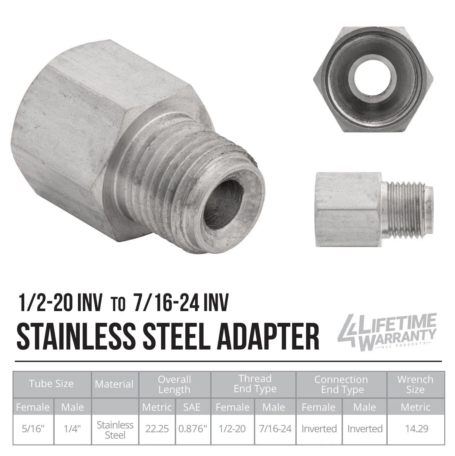 (1/2-20 Inverted)F to (7/16-24 Inverted)M | Stainless Steel Brake Line Adapter | 10ct