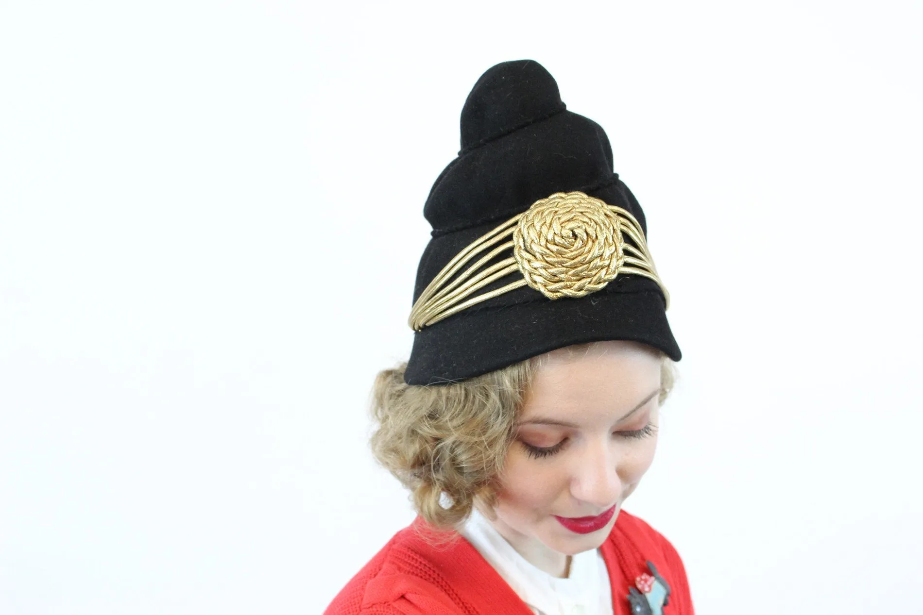 1940s turban hat wool gold bullion | new winter