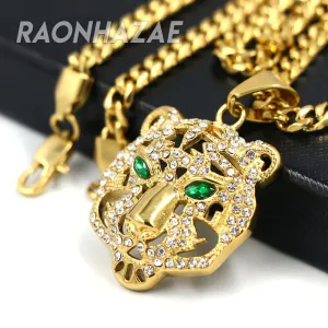 316L Solid Stainless Steel Hip Hop Drake Green Tiger Pendant w/ 5mm Miami Cuban Chain