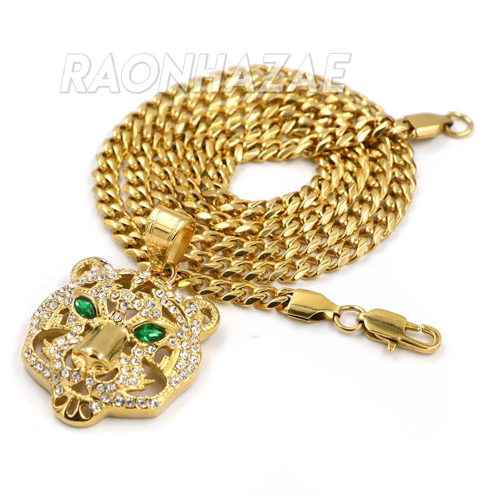 316L Solid Stainless Steel Hip Hop Drake Green Tiger Pendant w/ 5mm Miami Cuban Chain