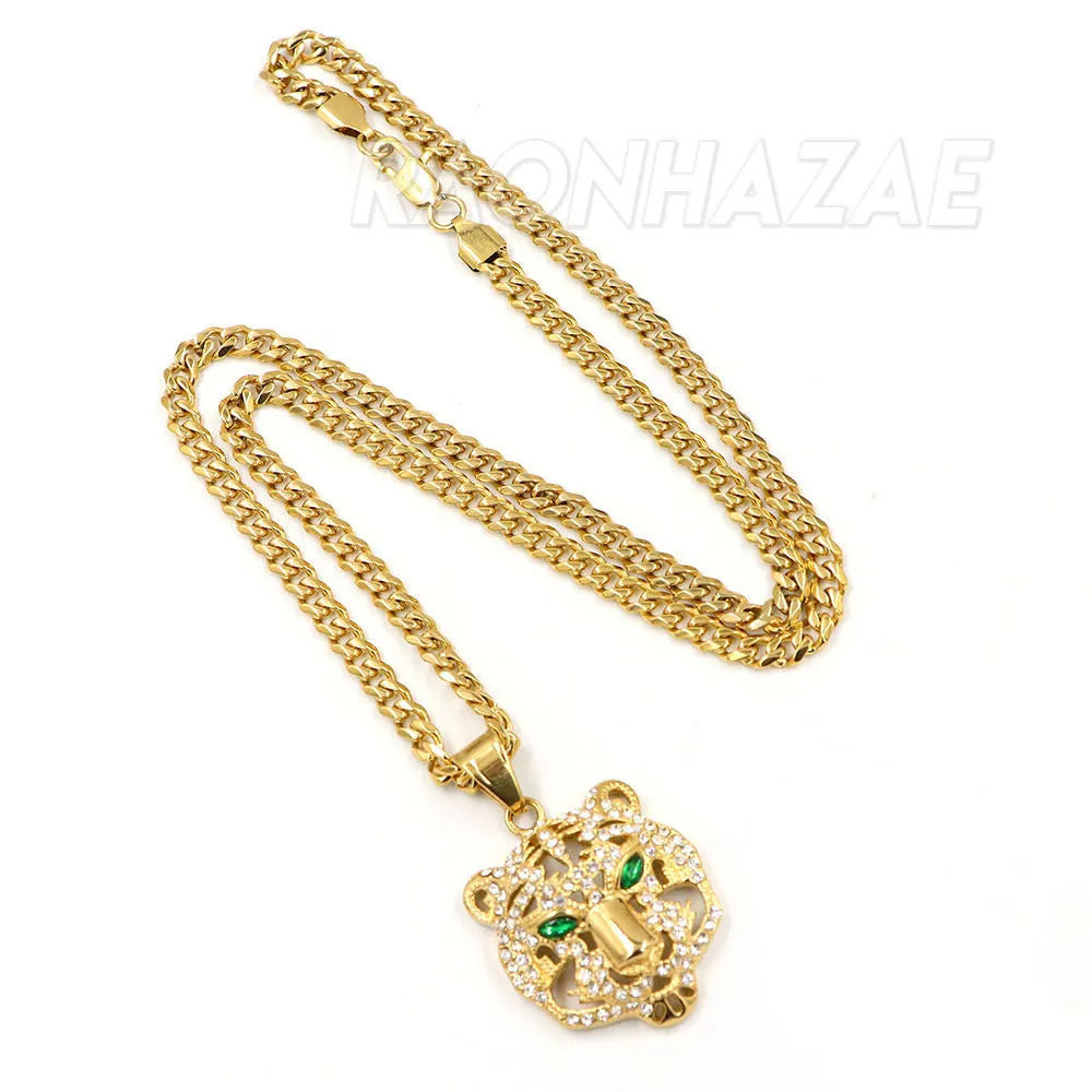 316L Solid Stainless Steel Hip Hop Drake Green Tiger Pendant w/ 5mm Miami Cuban Chain