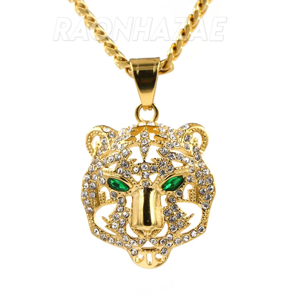 316L Solid Stainless Steel Hip Hop Drake Green Tiger Pendant w/ 5mm Miami Cuban Chain