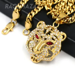 316L Solid Stainless Steel Hip Hop Drake Red Tiger Pendant w/ 5mm Miami Cuban Chain