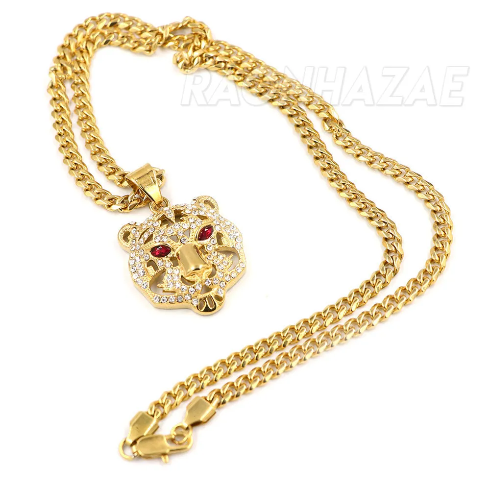 316L Solid Stainless Steel Hip Hop Drake Red Tiger Pendant w/ 5mm Miami Cuban Chain