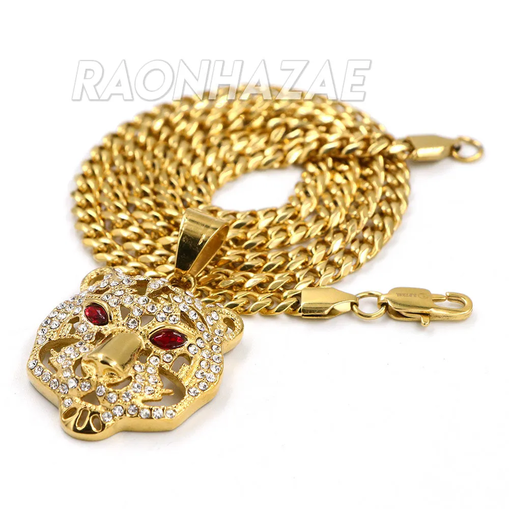 316L Solid Stainless Steel Hip Hop Drake Red Tiger Pendant w/ 5mm Miami Cuban Chain
