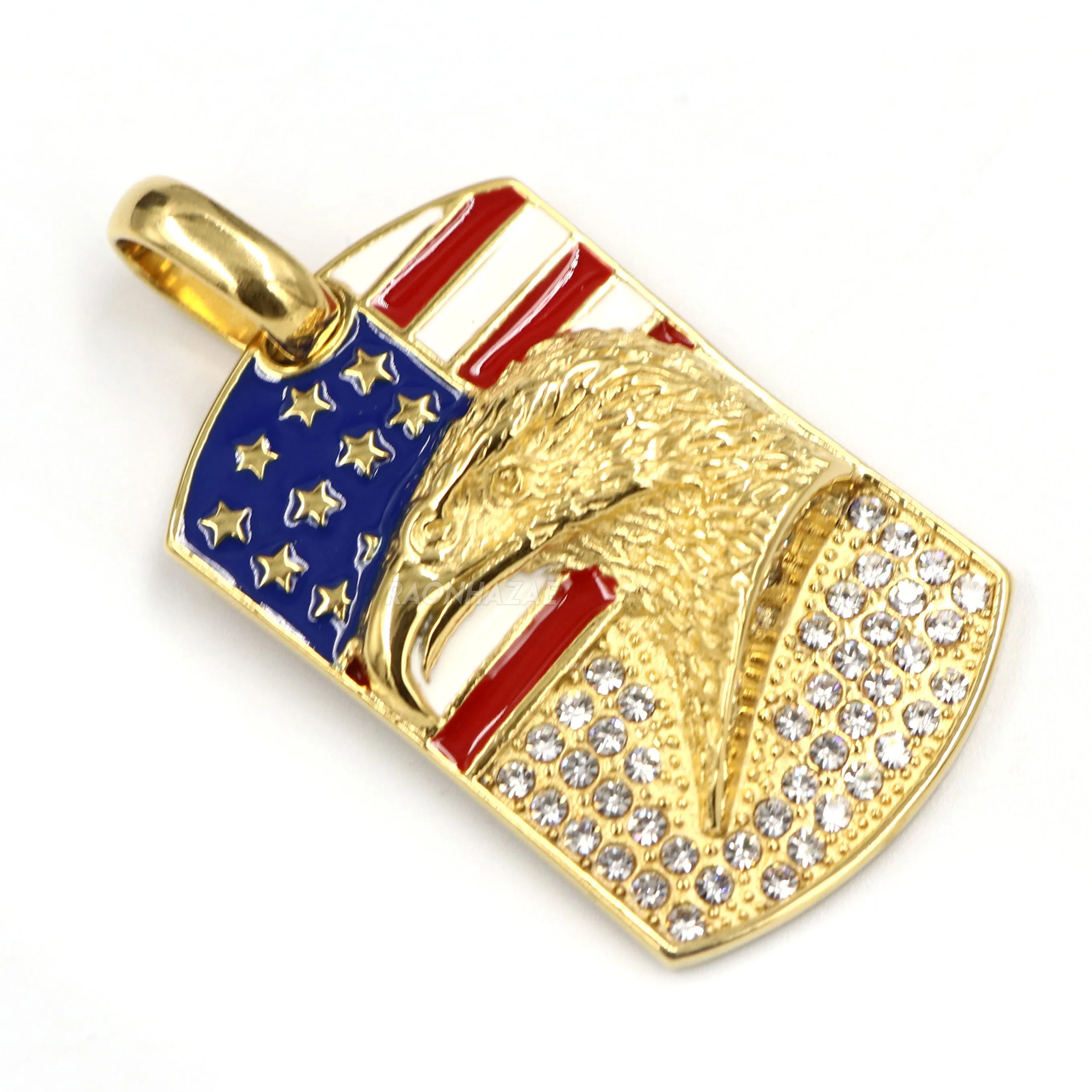 316L Stainless Blinged American Eagle Dog Tag Pendant w/ 4mm Miami Cuban Chain