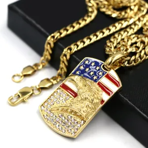 316L Stainless Blinged American Eagle Dog Tag Pendant w/ 4mm Miami Cuban Chain