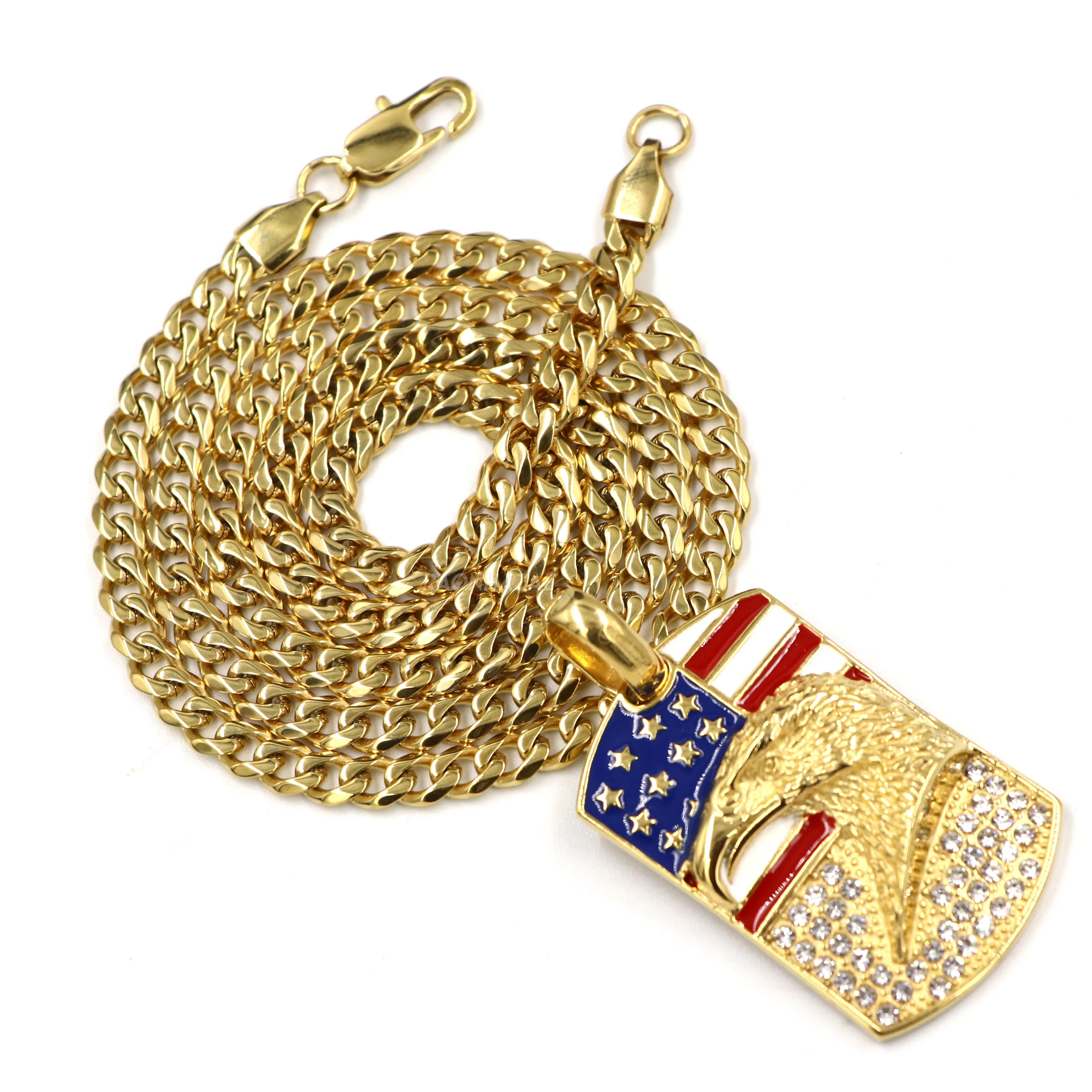 316L Stainless Blinged American Eagle Dog Tag Pendant w/ 4mm Miami Cuban Chain