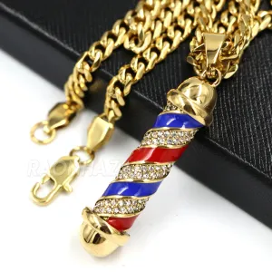316L Stainless Blinged Out Barber Shop Chop Chop Pendant w 4mm Miami Cuban Chain