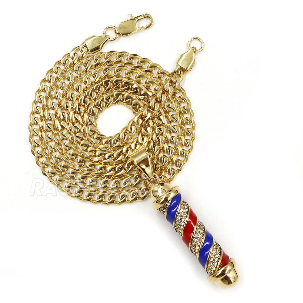 316L Stainless Blinged Out Barber Shop Chop Chop Pendant w 4mm Miami Cuban Chain