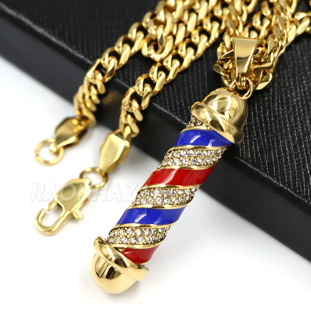 316L Stainless Blinged Out Barber Shop Chop Chop Pendant w 4mm Miami Cuban Chain