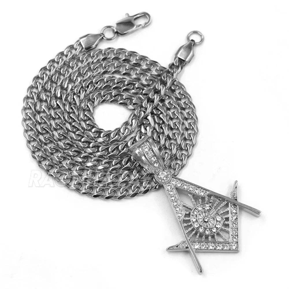 316L Stainless Blinged Out Masonic Grand Mason Pendant w/ 4mm Miami Cuban Chain