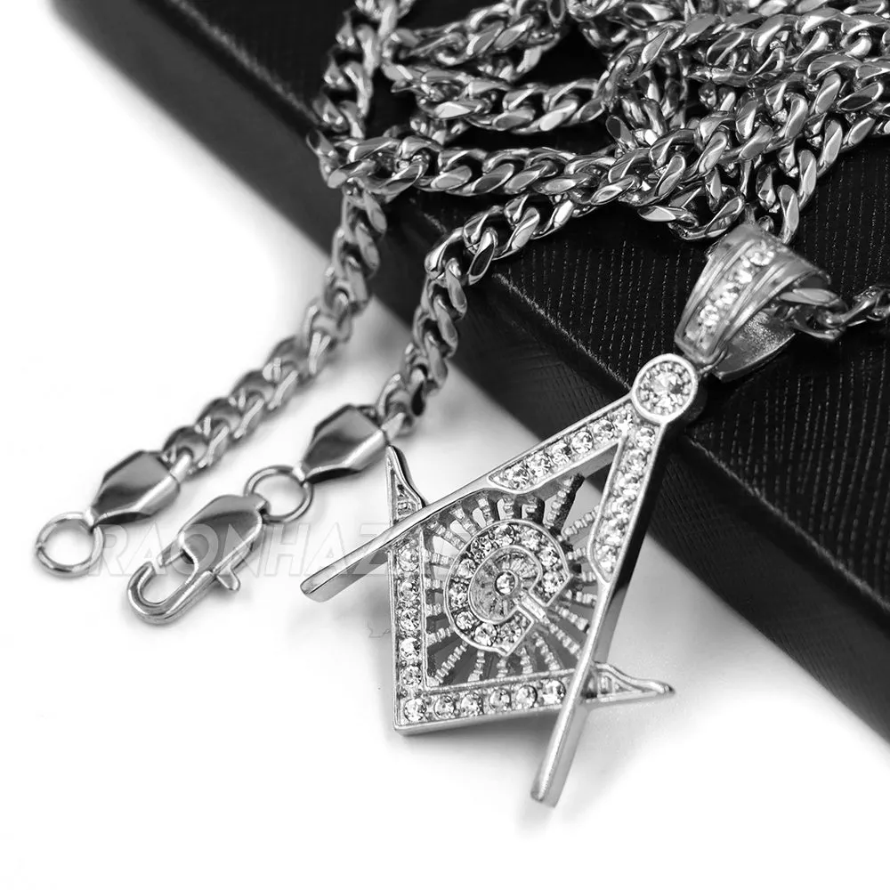 316L Stainless Blinged Out Masonic Grand Mason Pendant w/ 4mm Miami Cuban Chain