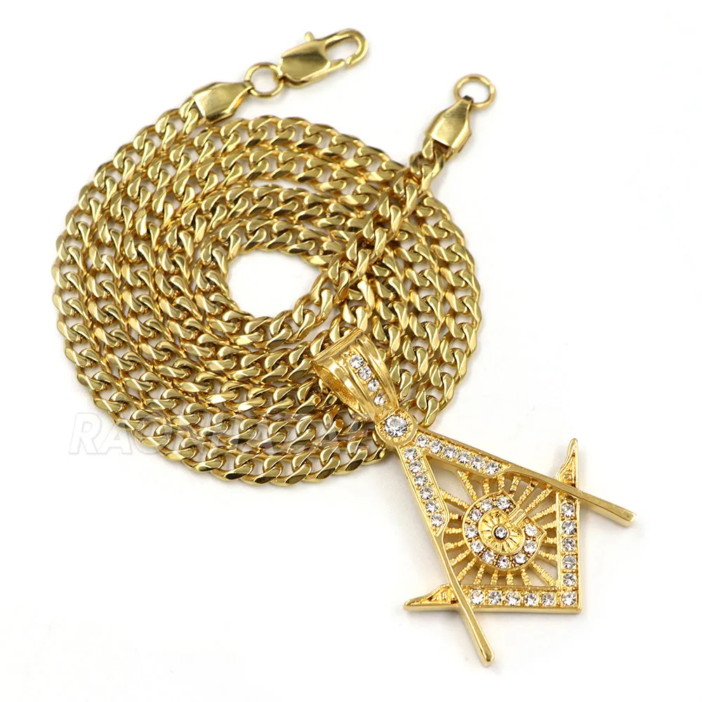316L Stainless Blinged Out Masonic Grand Mason Pendant w/ 4mm Miami Cuban Chain