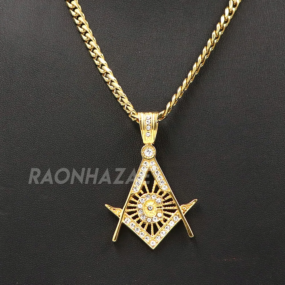 316L Stainless Blinged Out Masonic Grand Mason Pendant w/ 4mm Miami Cuban Chain