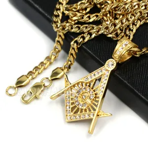 316L Stainless Blinged Out Masonic Grand Mason Pendant w/ 4mm Miami Cuban Chain