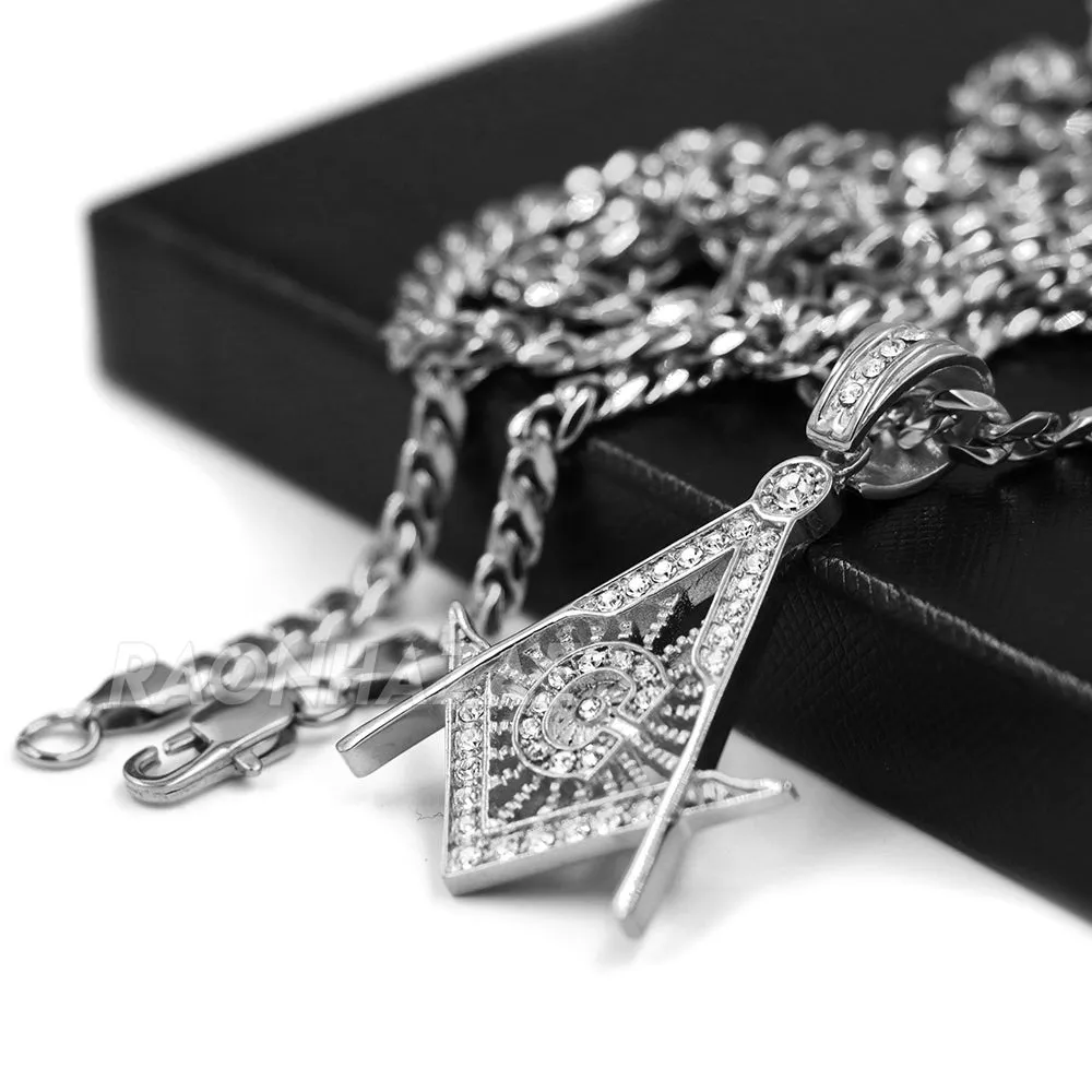 316L Stainless Blinged Out Masonic Grand Mason Pendant w/ 4mm Miami Cuban Chain