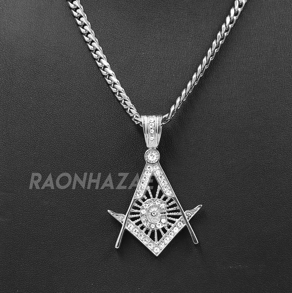 316L Stainless Blinged Out Masonic Grand Mason Pendant w/ 4mm Miami Cuban Chain