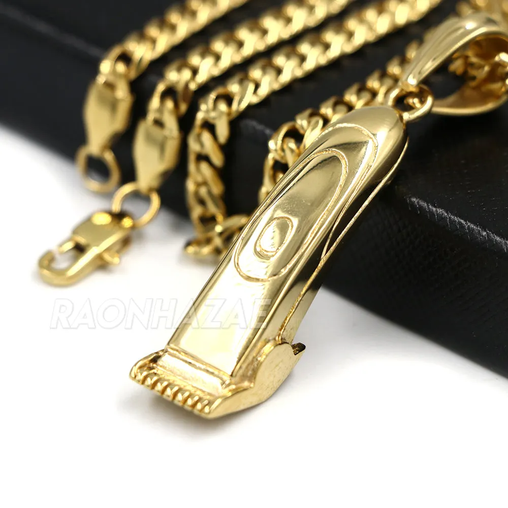 316L Stainless Cali Chop Shop Barber Razor Pendant w/ 4mm Miami Cuba Chain
