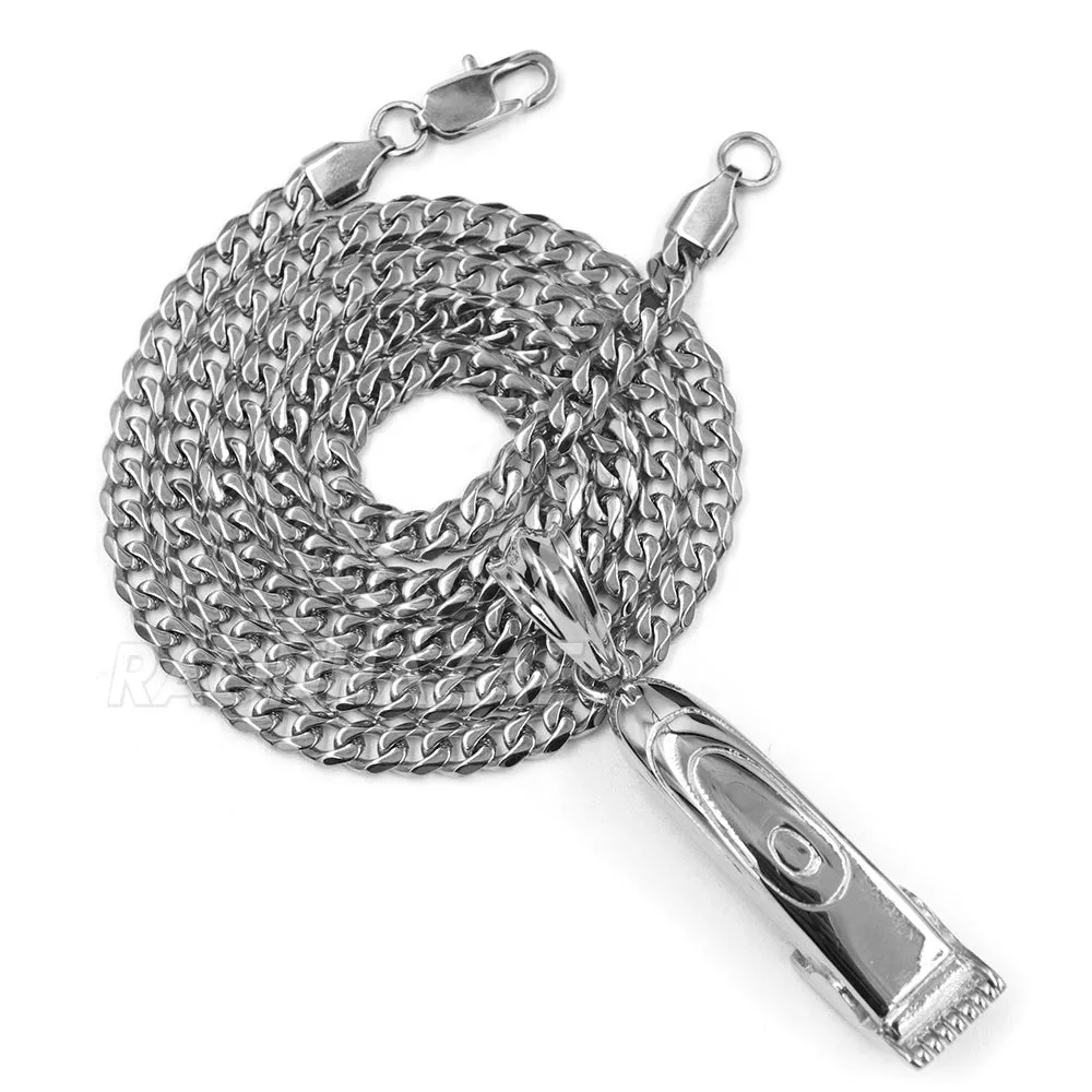 316L Stainless Cali Chop Shop Barber Razor Pendant w/ 4mm Miami Cuba Chain