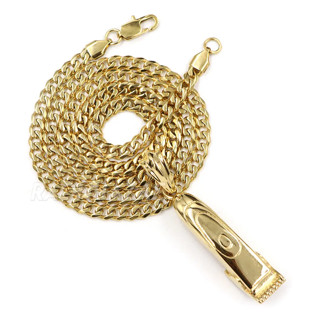 316L Stainless Cali Chop Shop Barber Razor Pendant w/ 4mm Miami Cuba Chain
