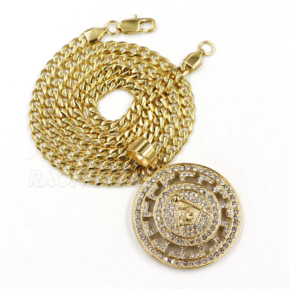316L Stainless Freemasonry Grand Lodge Compass Pendant w/ 4mm Miami Cuba Chain