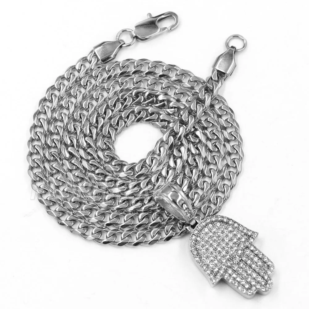 316L Stainless Hands of Hamsa Christian Symbol Pendant w/ 4mm Miami Cuba Chain