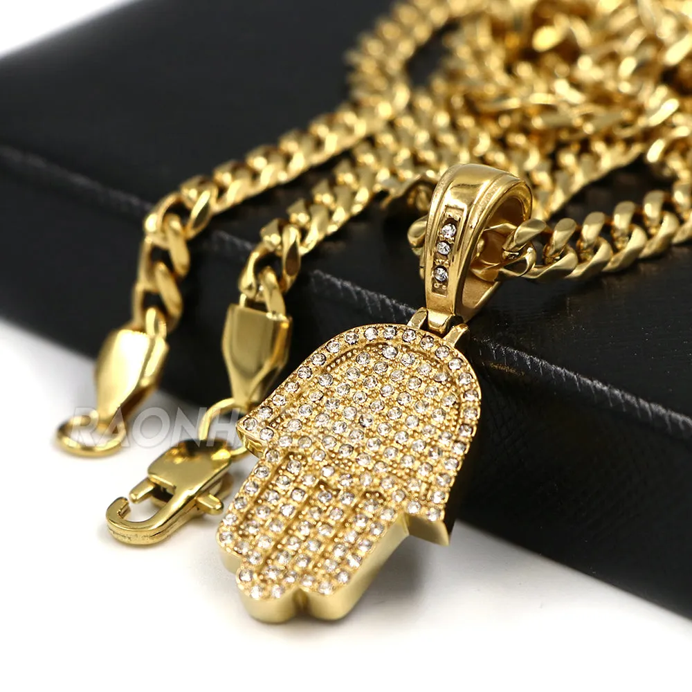 316L Stainless Hands of Hamsa Christian Symbol Pendant w/ 4mm Miami Cuba Chain