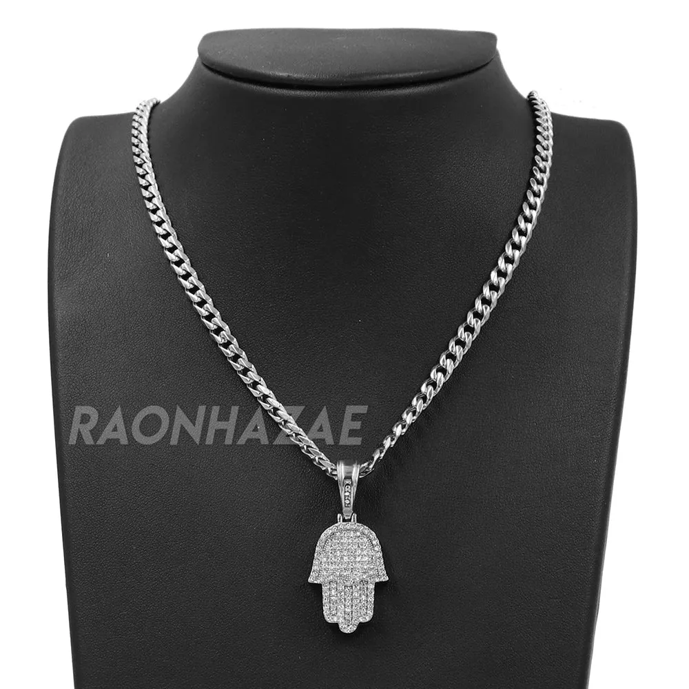 316L Stainless Hands of Hamsa Christian Symbol Pendant w/ 4mm Miami Cuba Chain