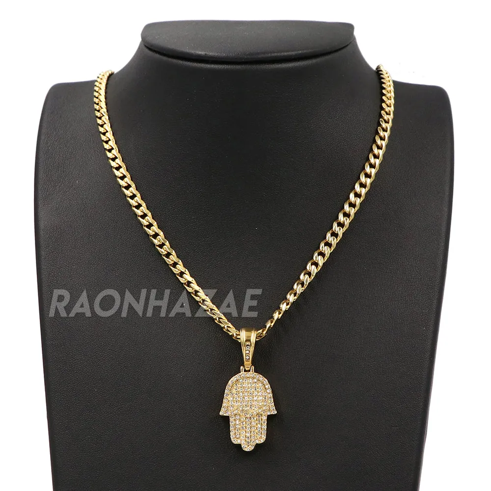 316L Stainless Hands of Hamsa Christian Symbol Pendant w/ 4mm Miami Cuba Chain