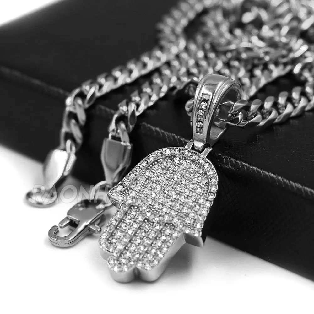 316L Stainless Hands of Hamsa Christian Symbol Pendant w/ 4mm Miami Cuba Chain
