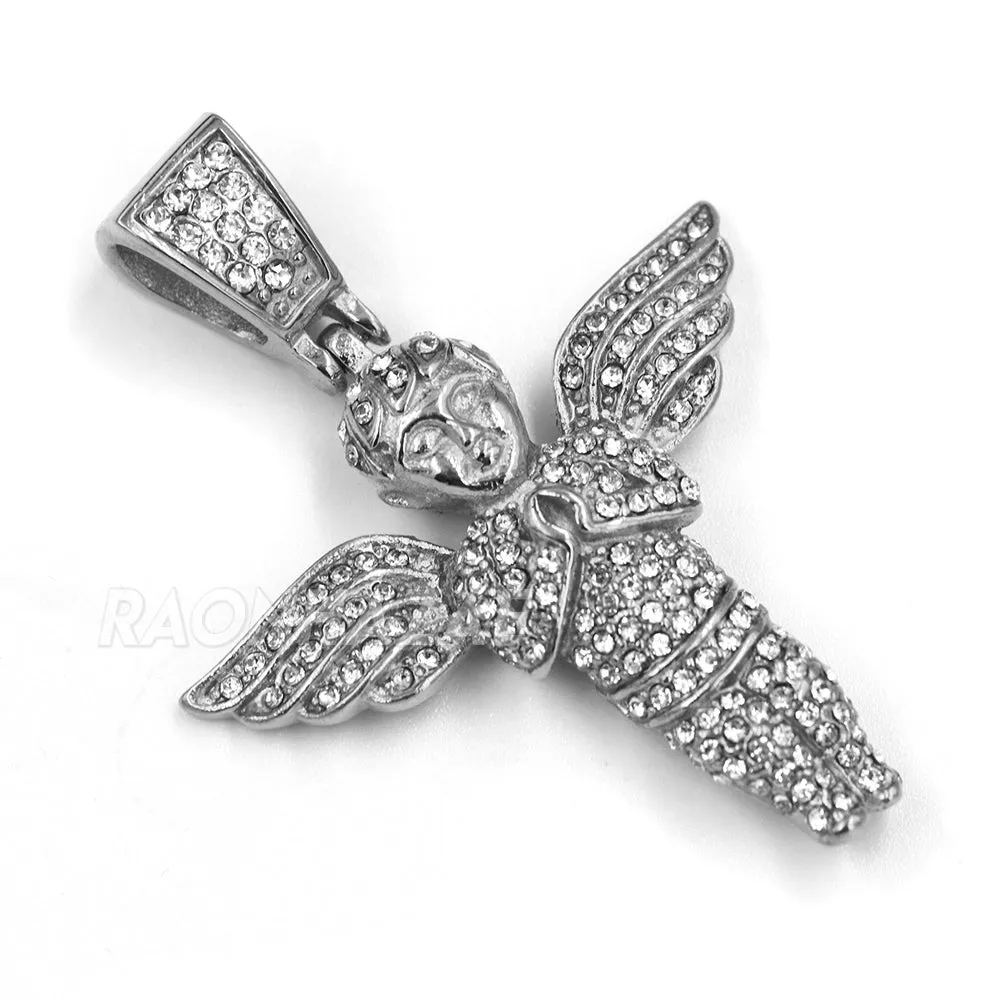 316L Stainless Steel Blinged Out Holy Praying Angels w/ 4mm Miami Cuba Chain