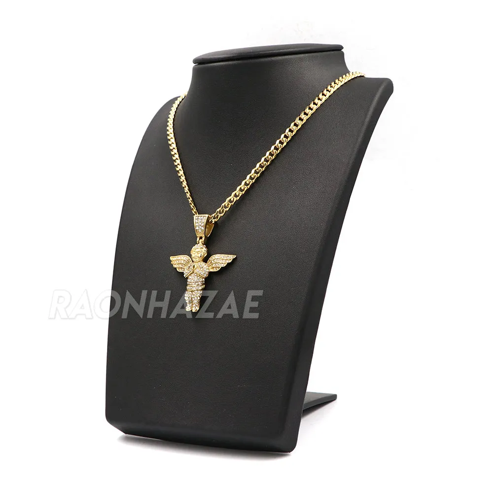 316L Stainless Steel Blinged Out Holy Praying Angels w/ 4mm Miami Cuba Chain