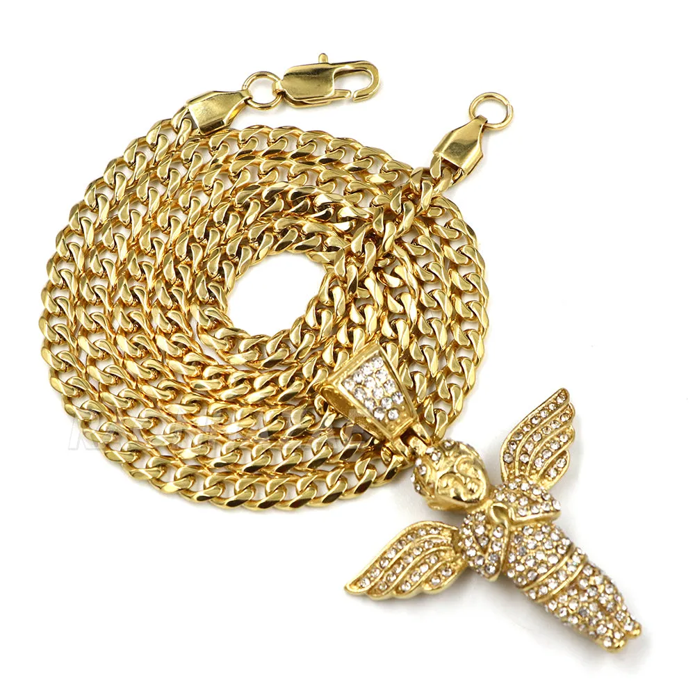 316L Stainless Steel Blinged Out Holy Praying Angels w/ 4mm Miami Cuba Chain