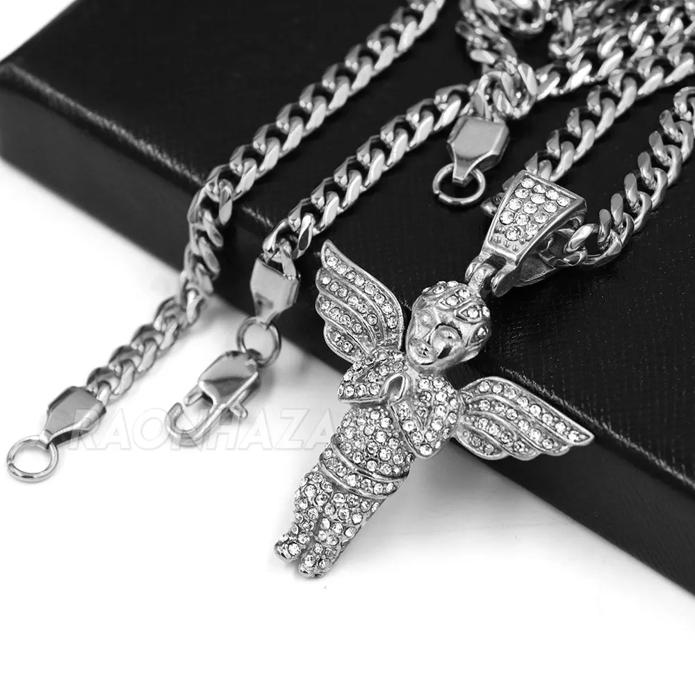 316L Stainless Steel Blinged Out Holy Praying Angels w/ 4mm Miami Cuba Chain