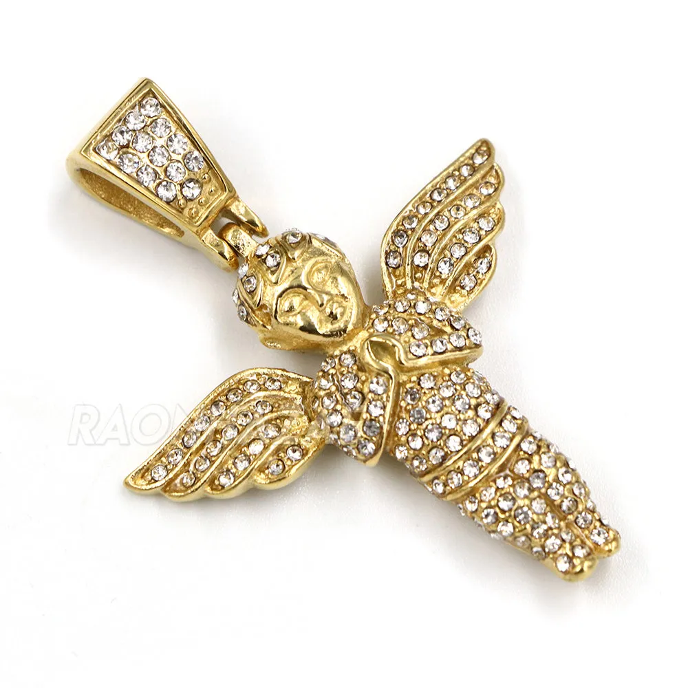 316L Stainless Steel Blinged Out Holy Praying Angels w/ 4mm Miami Cuba Chain