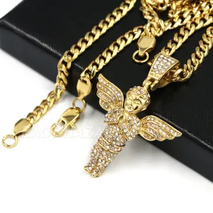 316L Stainless Steel Blinged Out Holy Praying Angels w/ 4mm Miami Cuba Chain