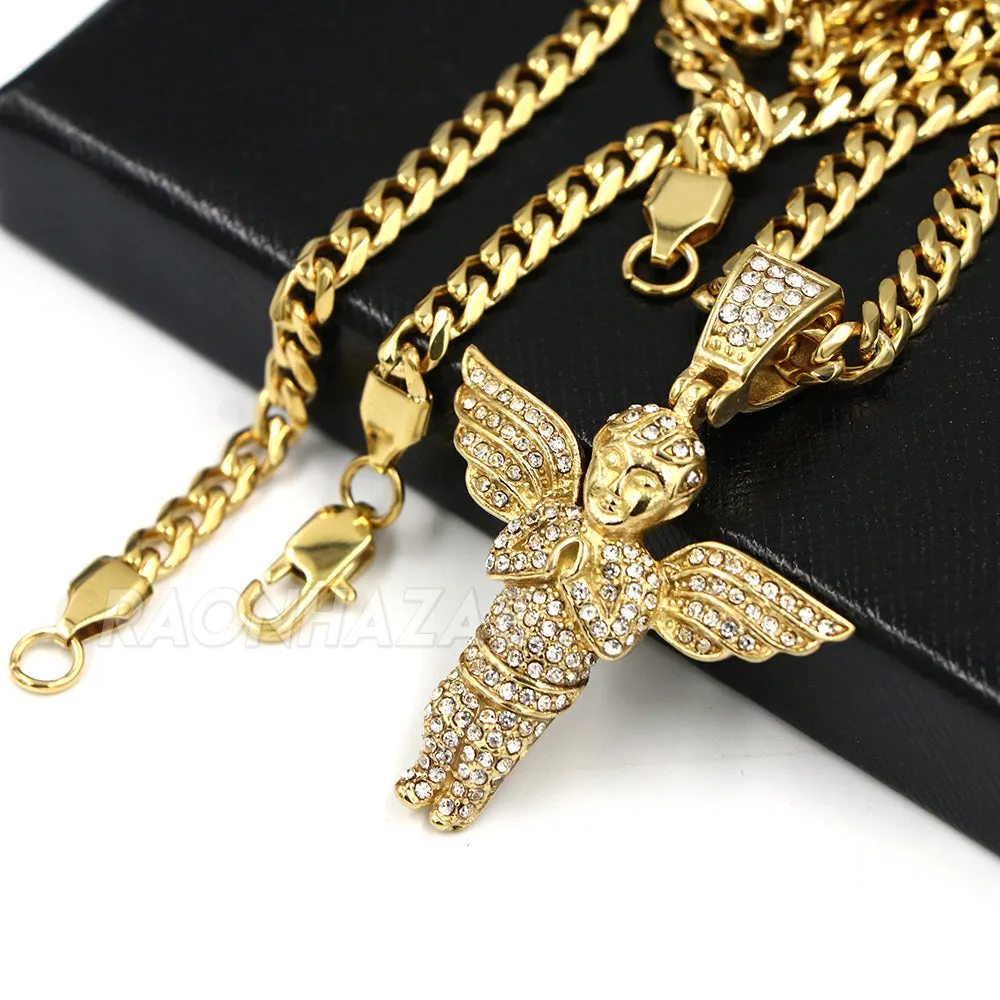 316L Stainless Steel Blinged Out Holy Praying Angels w/ 4mm Miami Cuba Chain