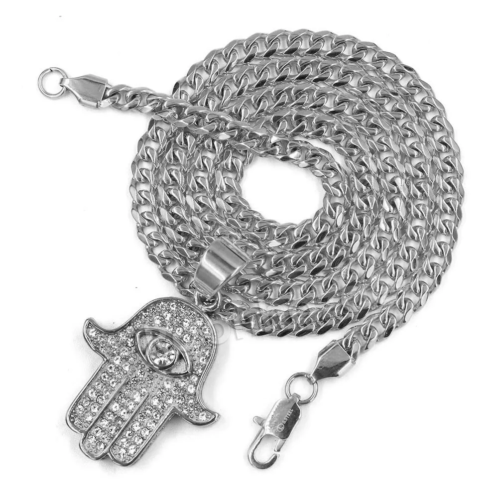 316L Stainless Steel Hands of Hamsa Ice Out Pendant w/ 4mm Miami Cuban Chain