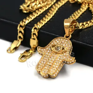 316L Stainless Steel Hands of Hamsa Ice Out Pendant w/ 4mm Miami Cuban Chain