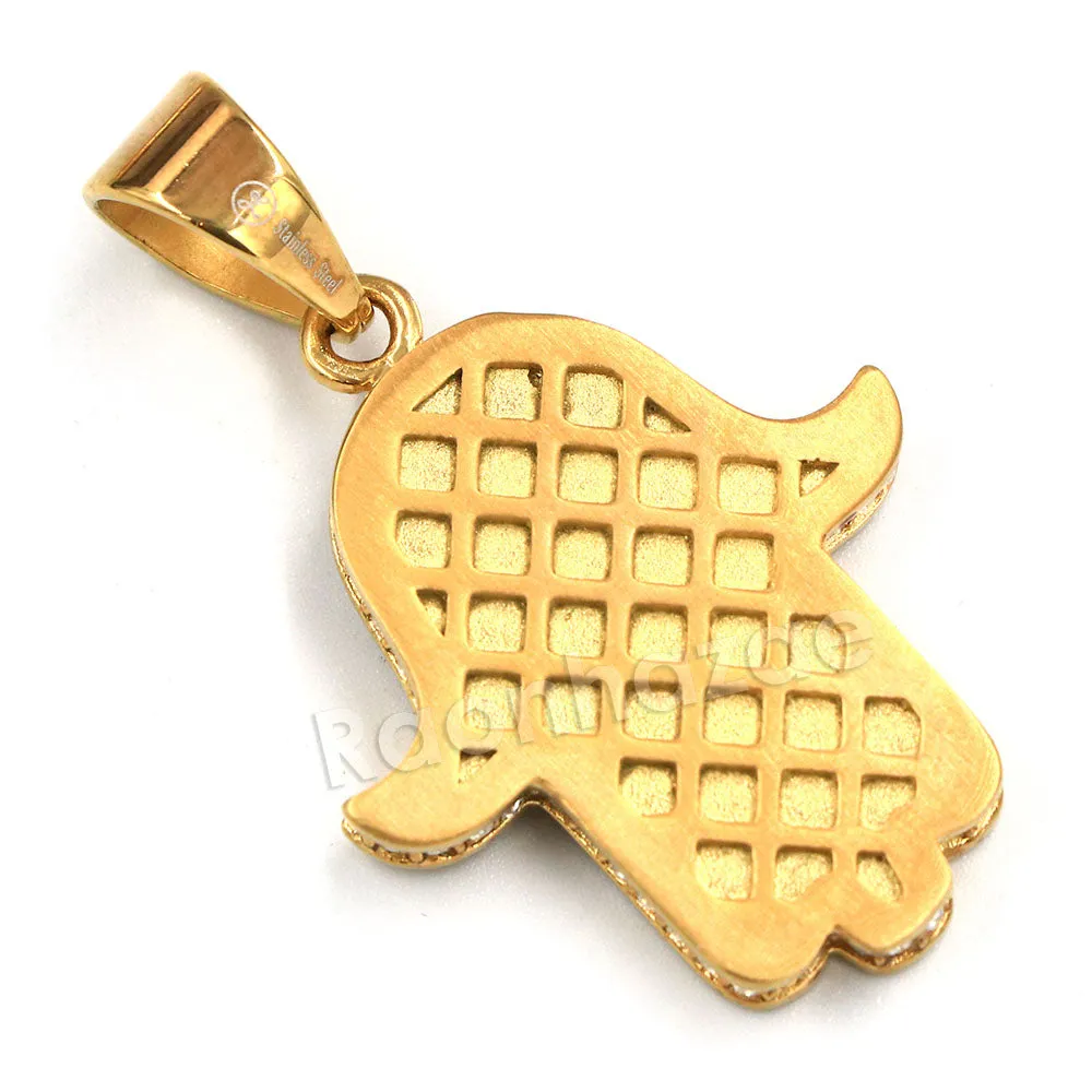 316L Stainless Steel Hands of Hamsa Ice Out Pendant w/ 4mm Miami Cuban Chain