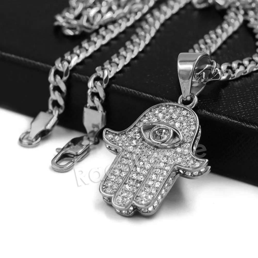 316L Stainless Steel Hands of Hamsa Ice Out Pendant w/ 4mm Miami Cuban Chain