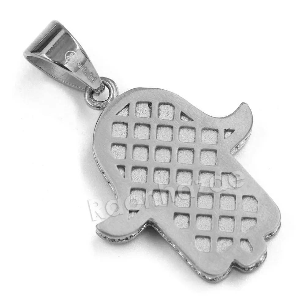 316L Stainless Steel Hands of Hamsa Ice Out Pendant w/ 4mm Miami Cuban Chain