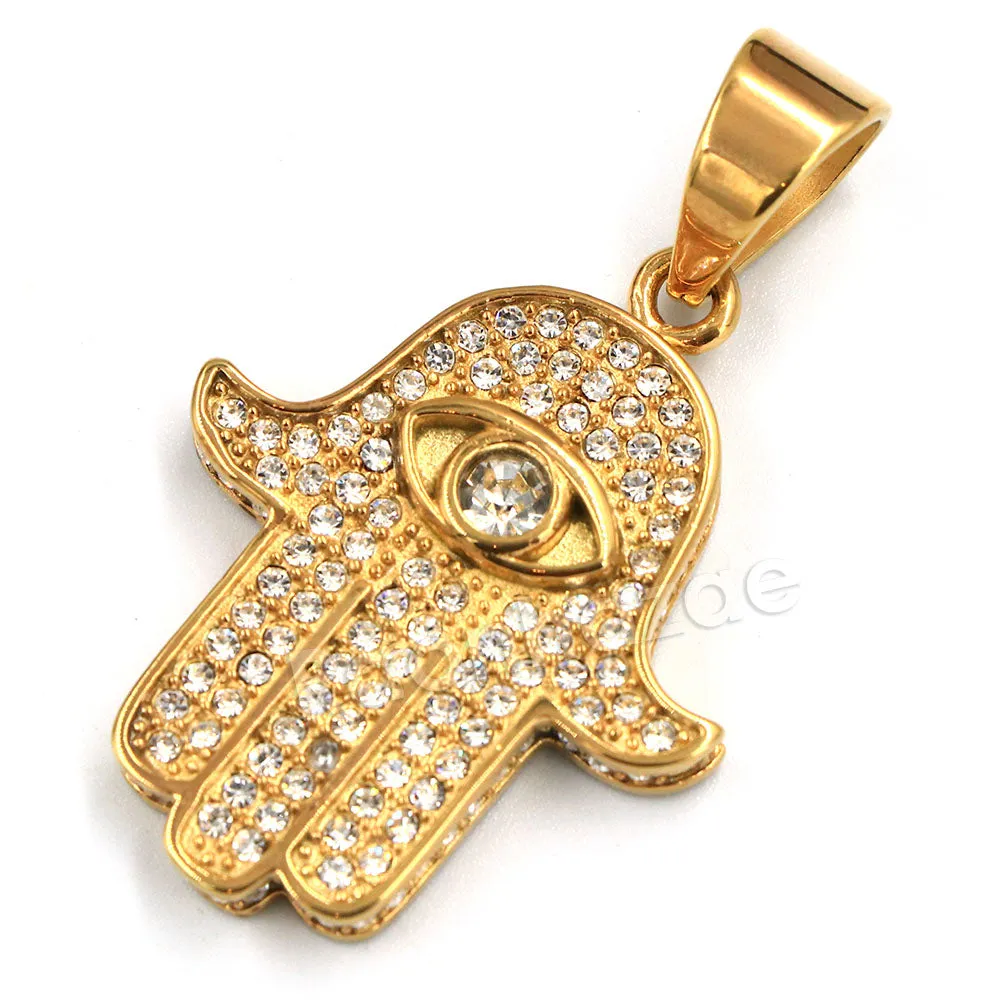 316L Stainless Steel Hands of Hamsa Ice Out Pendant w/ 4mm Miami Cuban Chain