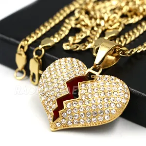 316L Stainless Steel Hip Hop Broken Heart Pendant w/ 4mm Cuban Necklace Set