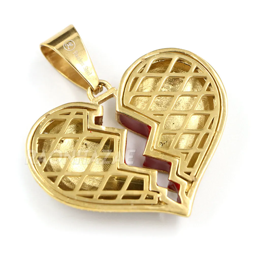 316L Stainless Steel Hip Hop Broken Heart Pendant w/ 4mm Cuban Necklace Set