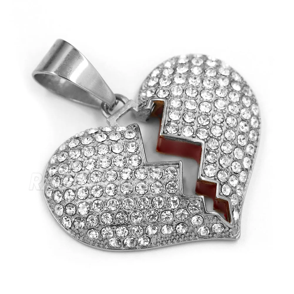 316L Stainless Steel Hip Hop Broken Heart Pendant w/ 4mm Cuban Necklace Set