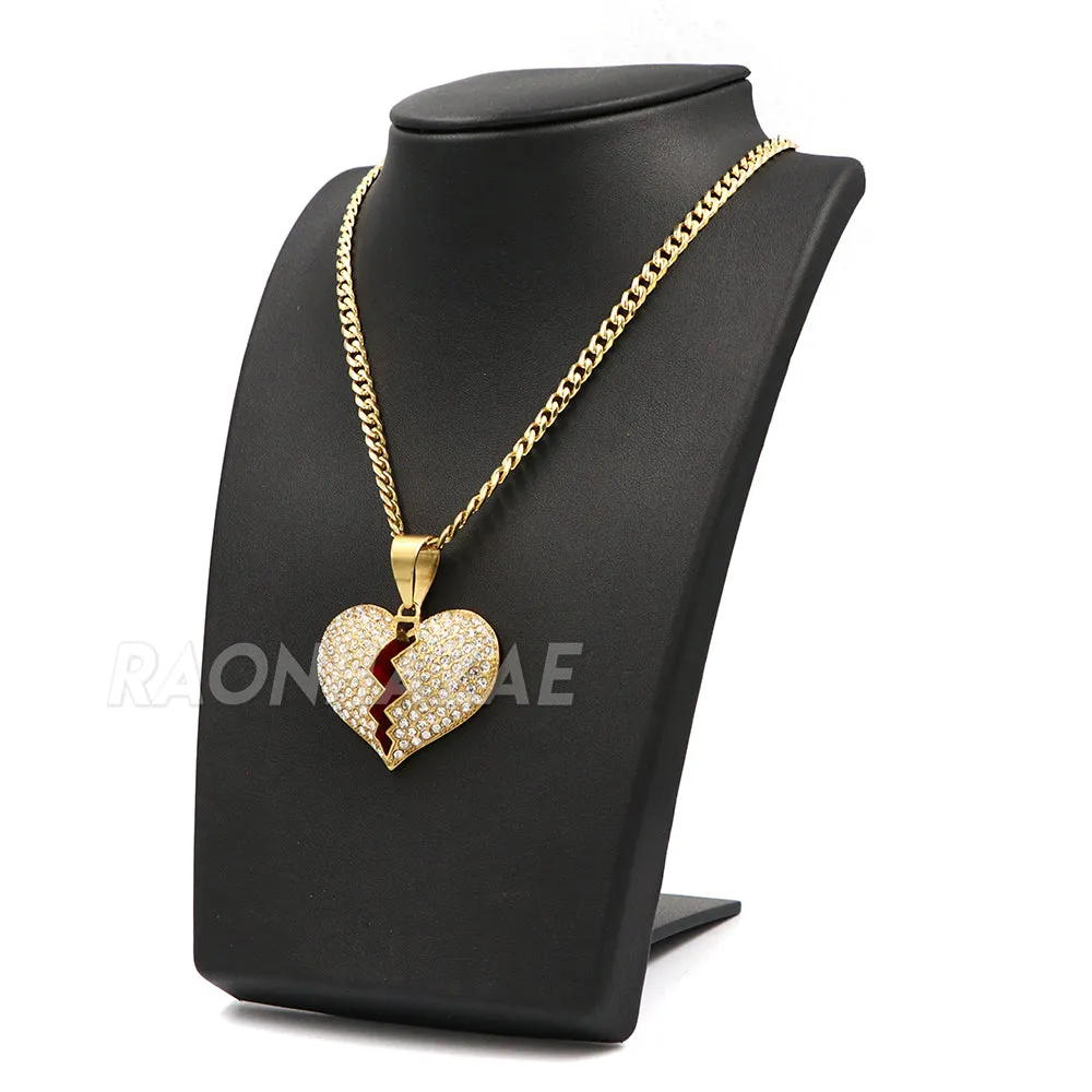316L Stainless Steel Hip Hop Broken Heart Pendant w/ 4mm Cuban Necklace Set