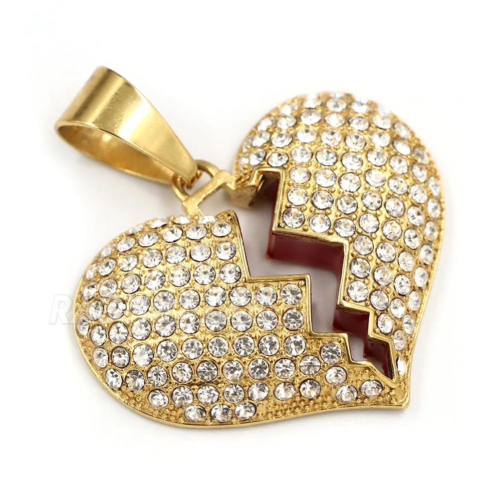 316L Stainless Steel Hip Hop Broken Heart Pendant w/ 4mm Cuban Necklace Set